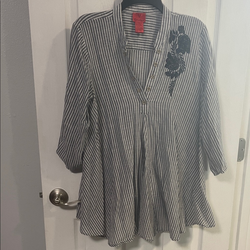 Cristina 100% cotton tunic striped top with embroidered navy flower